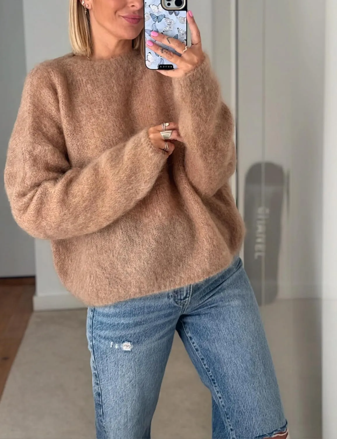 Womens Soft Fuzzy Knit Sweater Oversized Cozy Pullover Jumper Long Sleeve Casual Crewneck Sweater
