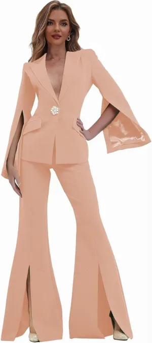 Womens Suit 2 Piece Set Business Blazer Bell Bottoms Casual Sleeve Placket Suit Peak Lapel Prom Tuxedo for Evening Party