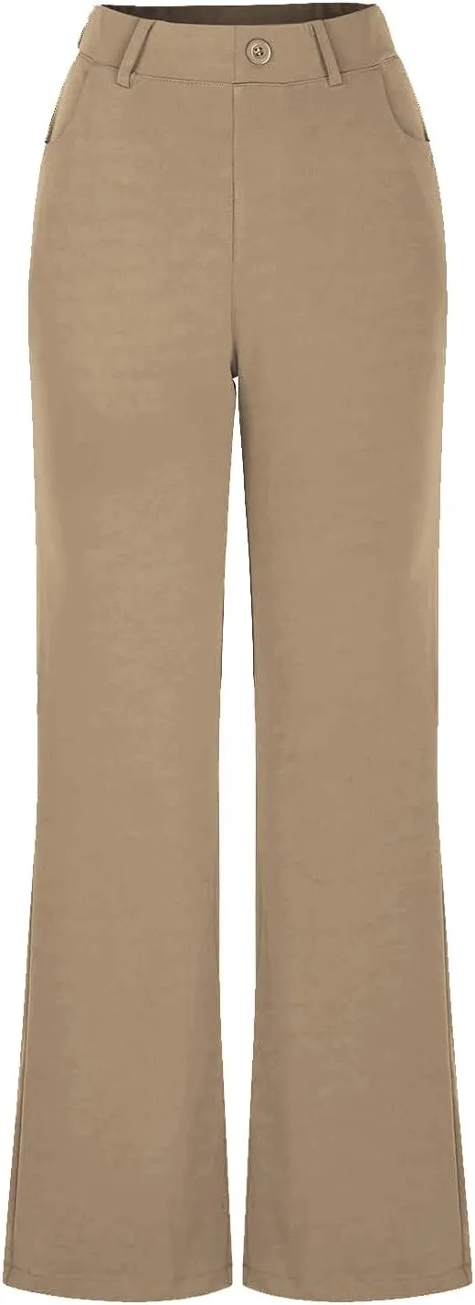 Womens Suit Pants Casual Elastic High Waist Button Wide Leg Pants Businenss Solid Color Bootcut Trouser with Pockets