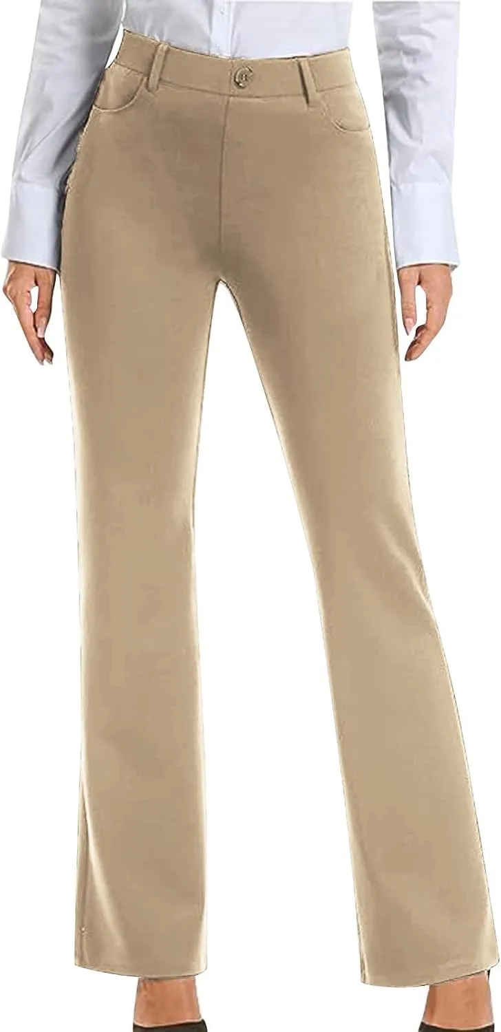 Womens Suit Pants Casual Elastic High Waist Button Wide Leg Pants Businenss Solid Color Bootcut Trouser with Pockets