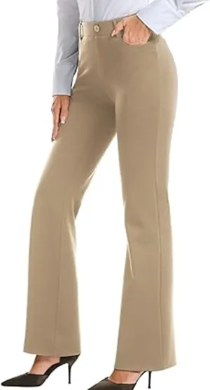 Womens Suit Pants Casual Elastic High Waist Button Wide Leg Pants Businenss Solid Color Bootcut Trouser with Pockets