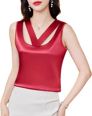Women's Summer Camisole Tank Sleeveless Satin Vest Hollow Shirt