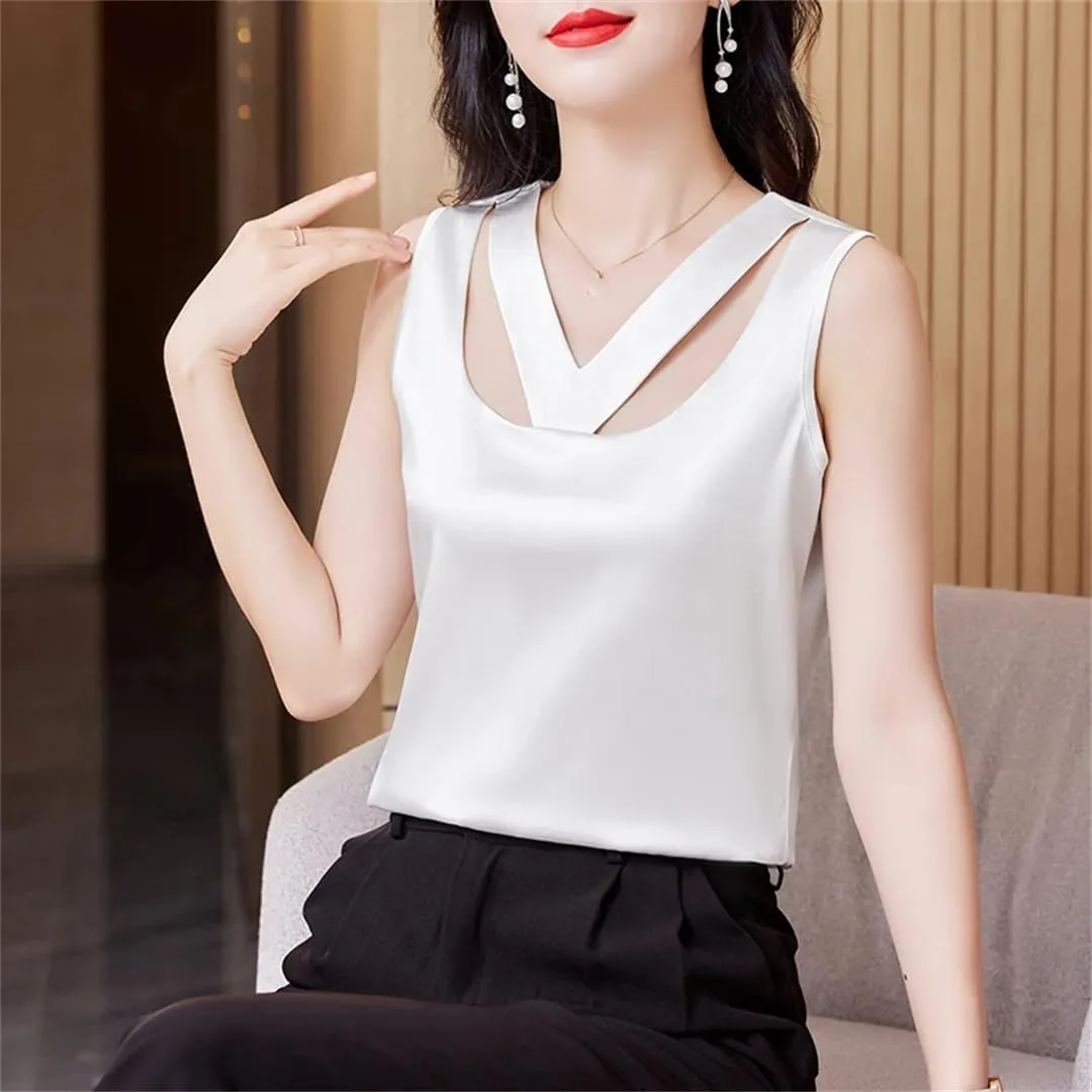 Women's Summer Camisole Tank Sleeveless Satin Vest Hollow Shirt
