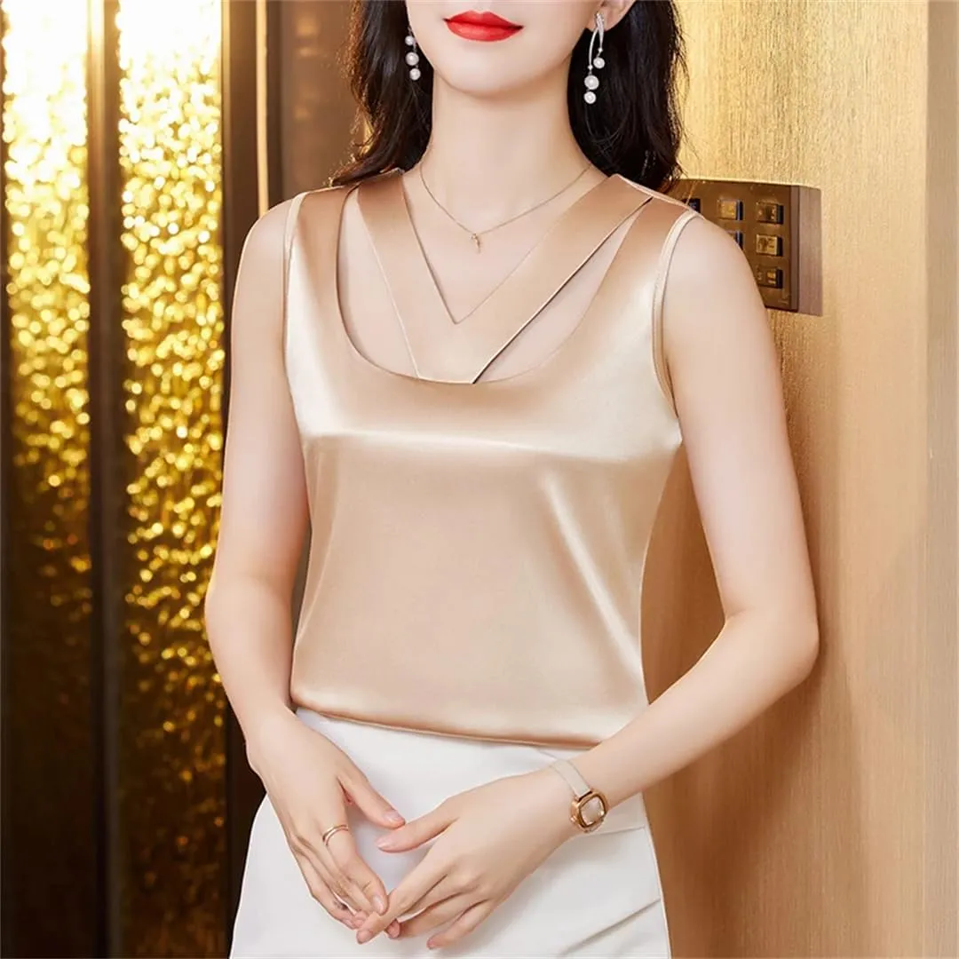 Women's Summer Camisole Tank Sleeveless Satin Vest Hollow Shirt