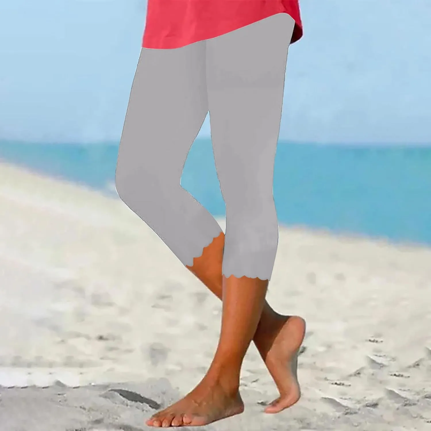 Womens Summer Casual Capri Pants Elastic High Waist Cropped Trousers Slim Fit Straight Leg Joggers Workout Yoga