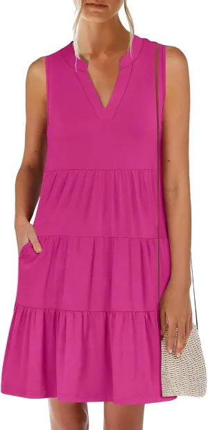 Women's Summer Casual V Neck Dress with Pocket Cute Sleeveless High Waist A-line Sundress Midi Dresses 2025