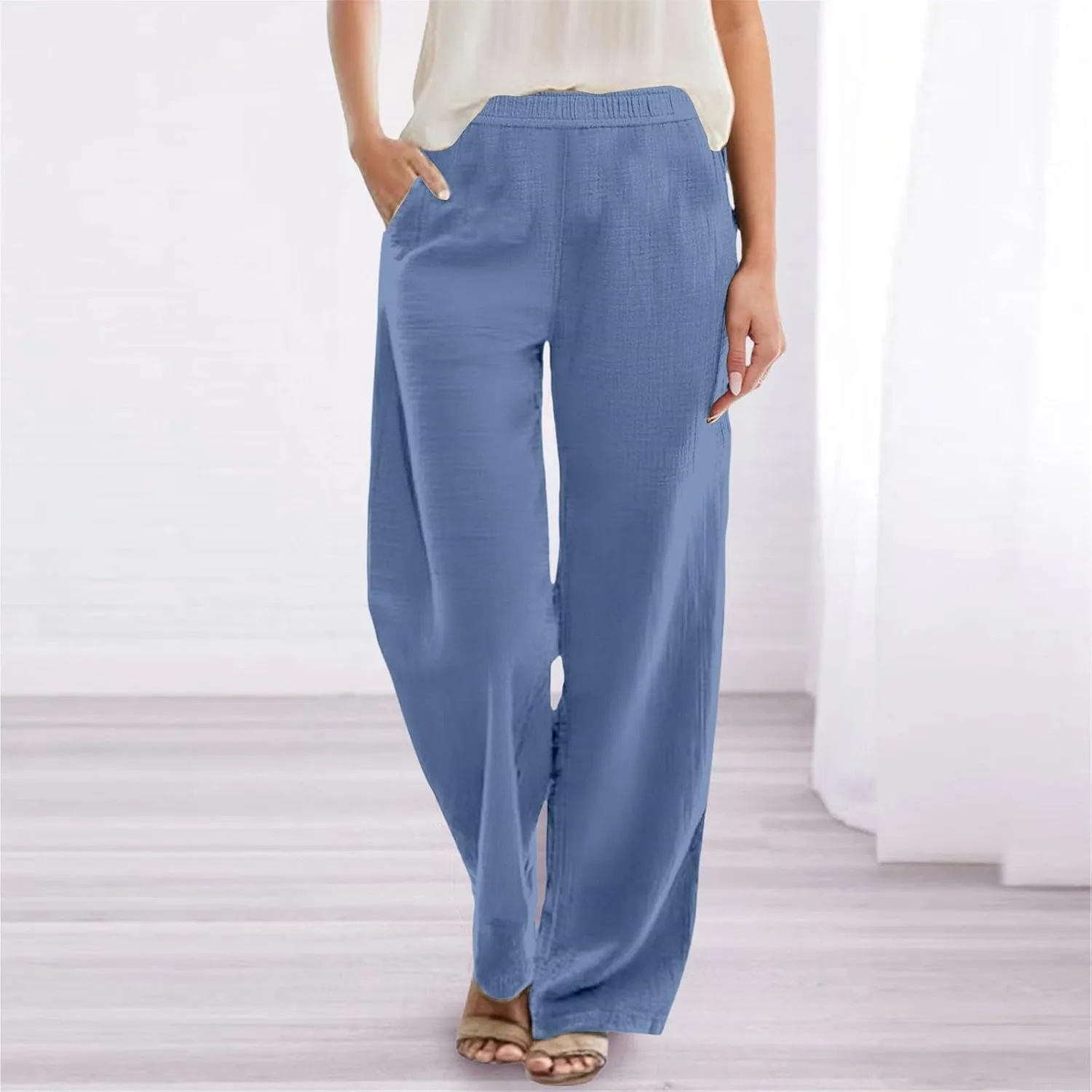 Womens Summer Fashion Linen Pants Solid Casual High Waist Loose Fitness Elastic Waist Trousers with Pockets