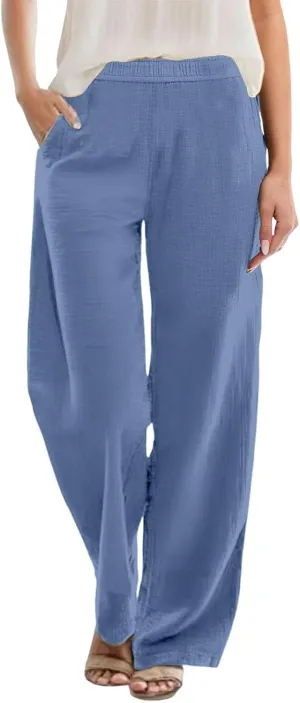 Womens Summer Fashion Linen Pants Solid Casual High Waist Loose Fitness Elastic Waist Trousers with Pockets