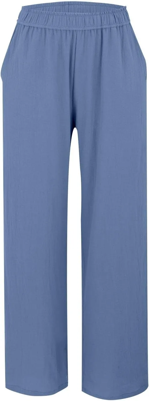 Womens Summer Fashion Linen Pants Solid Casual High Waist Loose Fitness Elastic Waist Trousers with Pockets