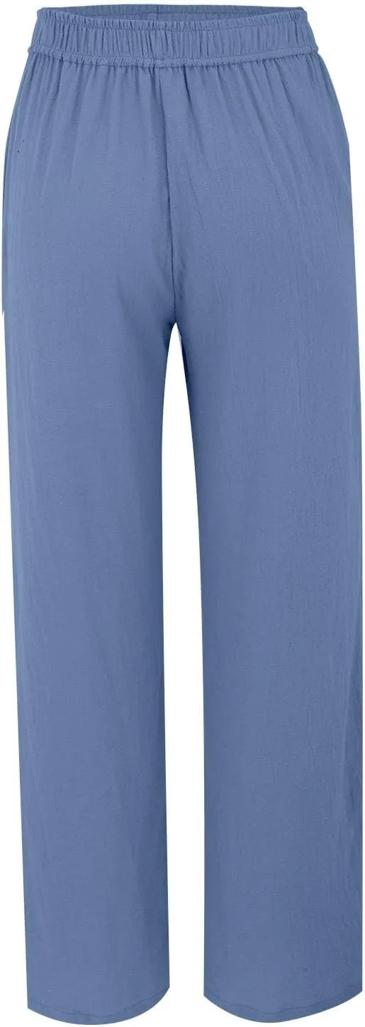 Womens Summer Fashion Linen Pants Solid Casual High Waist Loose Fitness Elastic Waist Trousers with Pockets
