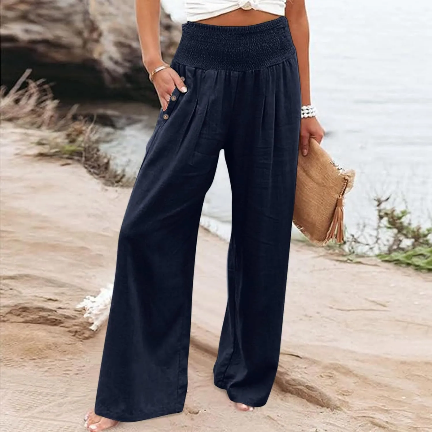 Women's Summer High Waisted Cotton Linen Pants with Pockets Wide Leg Long Lounge Palazzo Pants Loose Flowy Trousers