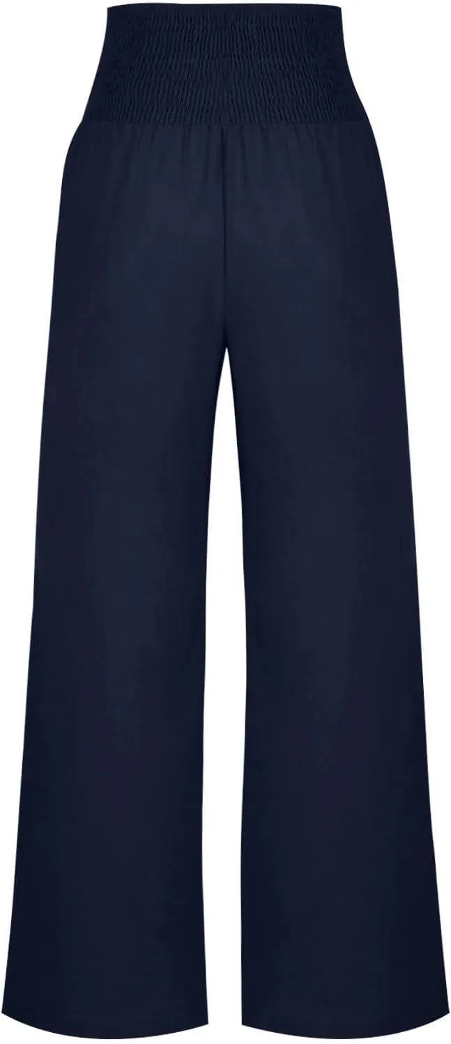 Women's Summer High Waisted Cotton Linen Pants with Pockets Wide Leg Long Lounge Palazzo Pants Loose Flowy Trousers