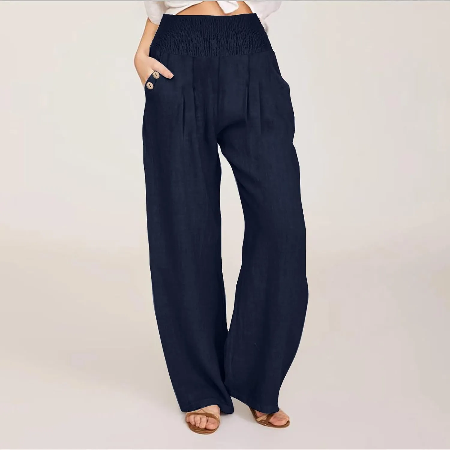 Women's Summer High Waisted Cotton Linen Pants with Pockets Wide Leg Long Lounge Palazzo Pants Loose Flowy Trousers