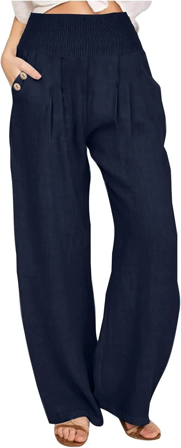 Women's Summer High Waisted Cotton Linen Pants with Pockets Wide Leg Long Lounge Palazzo Pants Loose Flowy Trousers