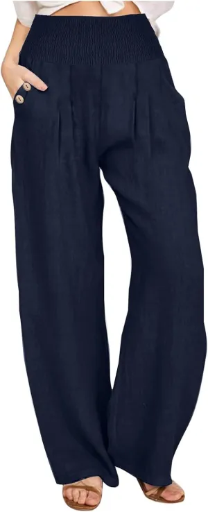 Women's Summer High Waisted Cotton Linen Pants with Pockets Wide Leg Long Lounge Palazzo Pants Loose Flowy Trousers