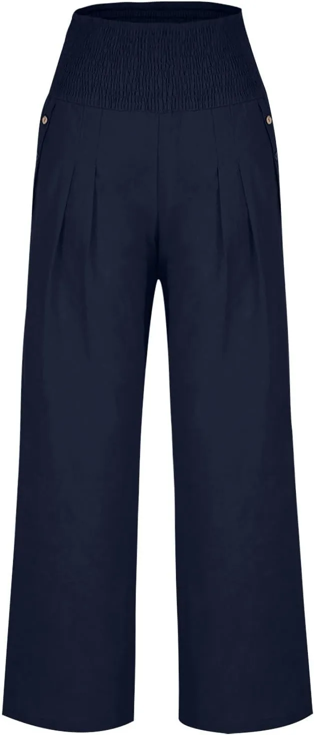 Women's Summer High Waisted Cotton Linen Pants with Pockets Wide Leg Long Lounge Palazzo Pants Loose Flowy Trousers