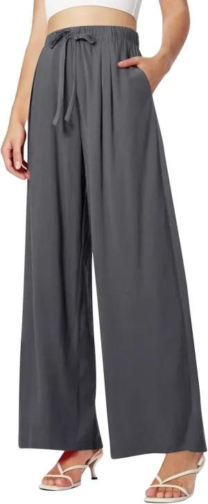 Women's Summer Linen Palazzo Pants Wide Leg Drawstring Elastic High Waist Casual Loose Beach Travel Lounge Pants 2025