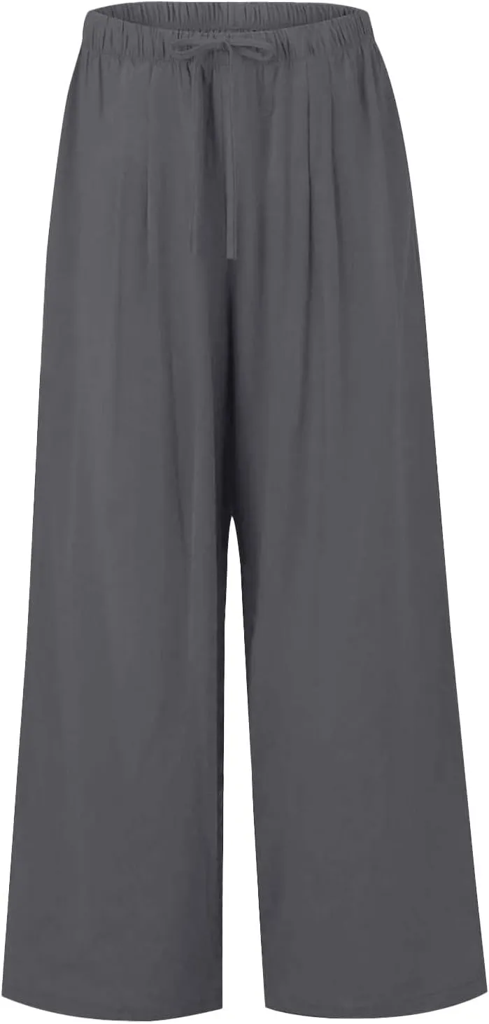 Women's Summer Linen Palazzo Pants Wide Leg Drawstring Elastic High Waist Casual Loose Beach Travel Lounge Pants 2025