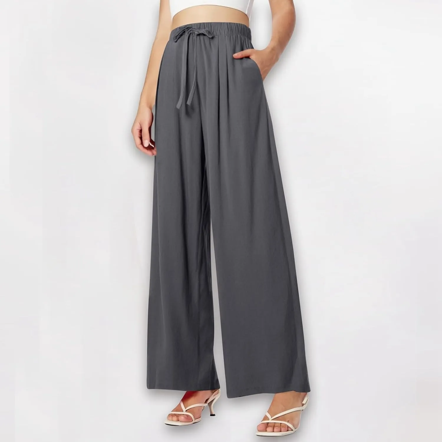 Women's Summer Linen Palazzo Pants Wide Leg Drawstring Elastic High Waist Casual Loose Beach Travel Lounge Pants 2025