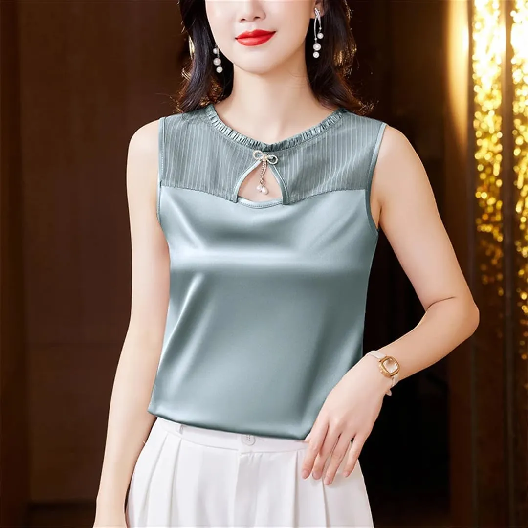 Women's Summer Tank Top Sleeveless Silk Satin Shirt Round Neck Hollow Out Patchwork Camisole Vest