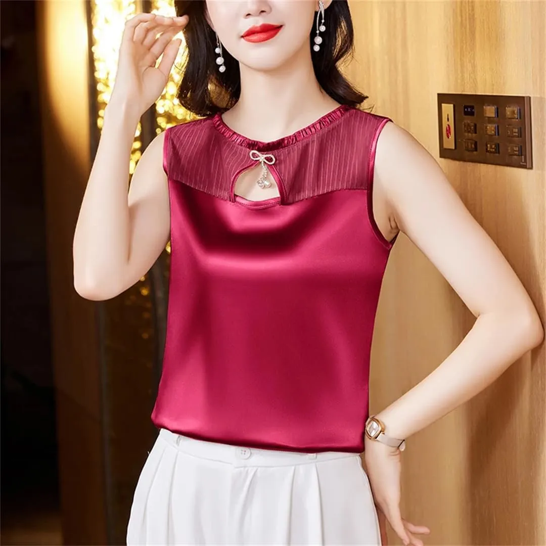 Women's Summer Tank Top Sleeveless Silk Satin Shirt Round Neck Hollow Out Patchwork Camisole Vest