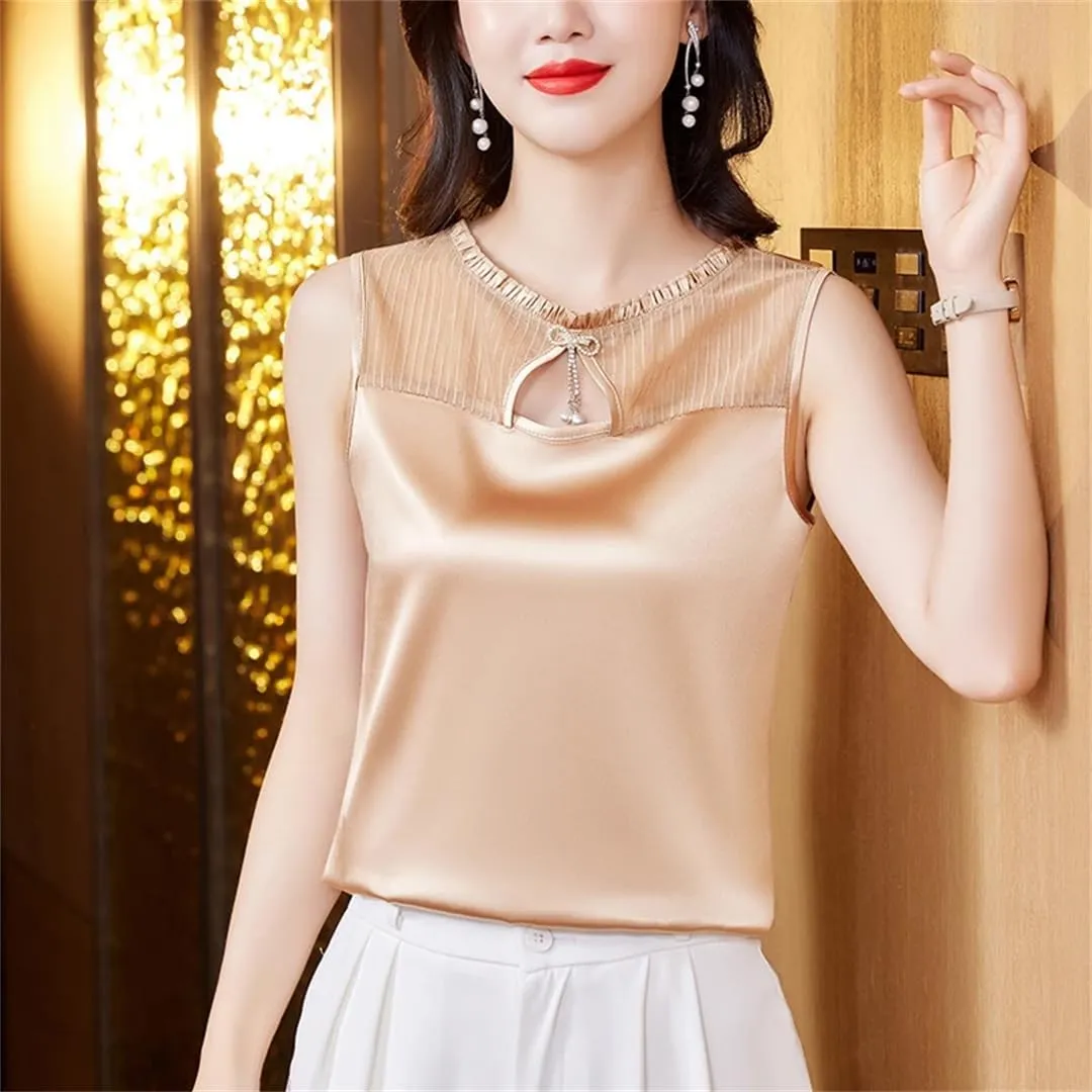 Women's Summer Tank Top Sleeveless Silk Satin Shirt Round Neck Hollow Out Patchwork Camisole Vest