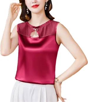 Women's Summer Tank Top Sleeveless Silk Satin Shirt Round Neck Hollow Out Patchwork Camisole Vest