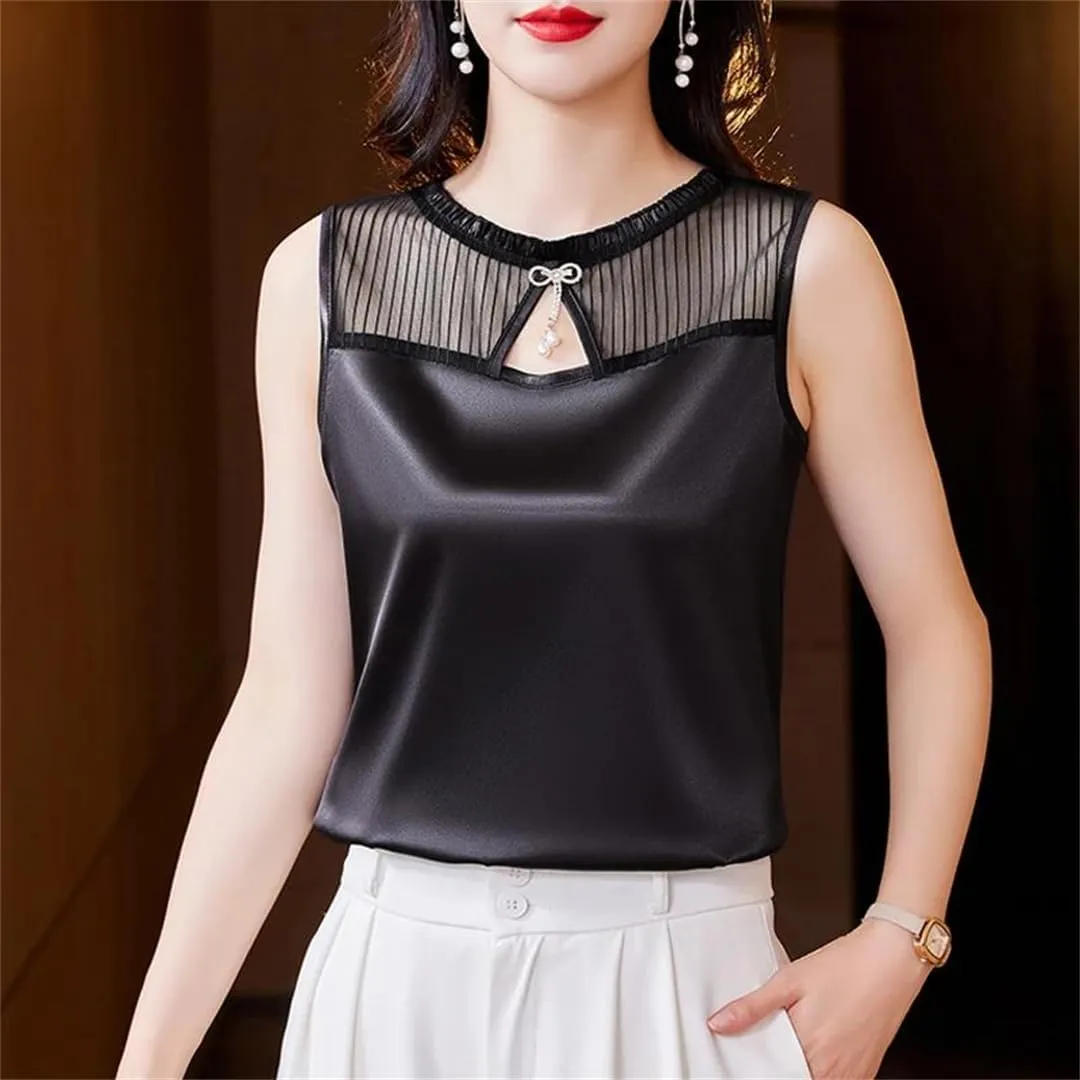 Women's Summer Tank Top Sleeveless Silk Satin Shirt Round Neck Hollow Out Patchwork Camisole Vest