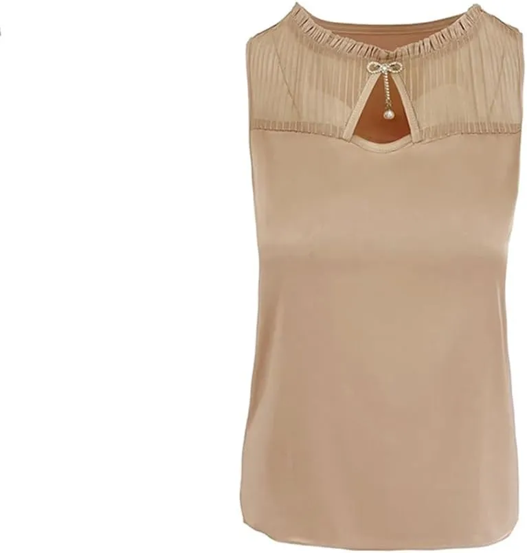 Women's Summer Tank Top Sleeveless Silk Satin Shirt Round Neck Hollow Out Patchwork Camisole Vest