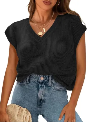 Womens Summer Tops Trendy 2025 Sweater Vest Women Knit Tank Tops V Neck Cap Sleeve Loose Shirts Vacation Casual Outfits