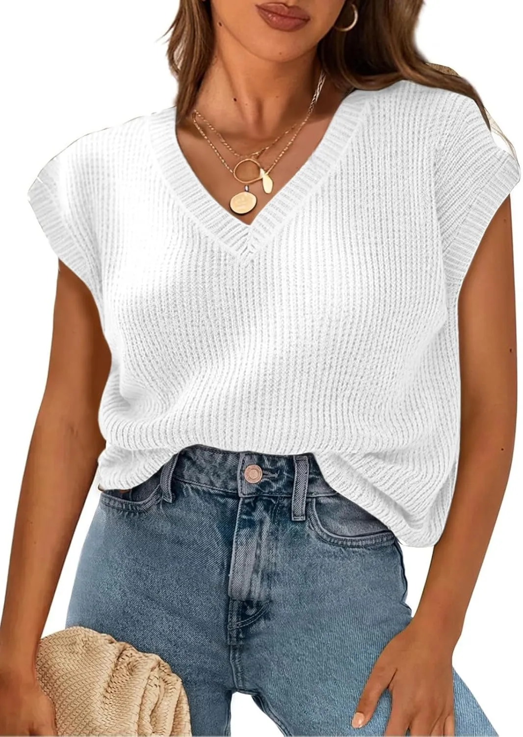 Womens Summer Tops Trendy 2025 Sweater Vest Women Knit Tank Tops V Neck Cap Sleeve Loose Shirts Vacation Casual Outfits