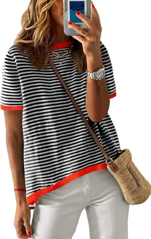 Womens Sweaters Casual Crewneck Short Sleeve Striped Color Block Knitted Cotton Trendy Pullover Sweater Tops