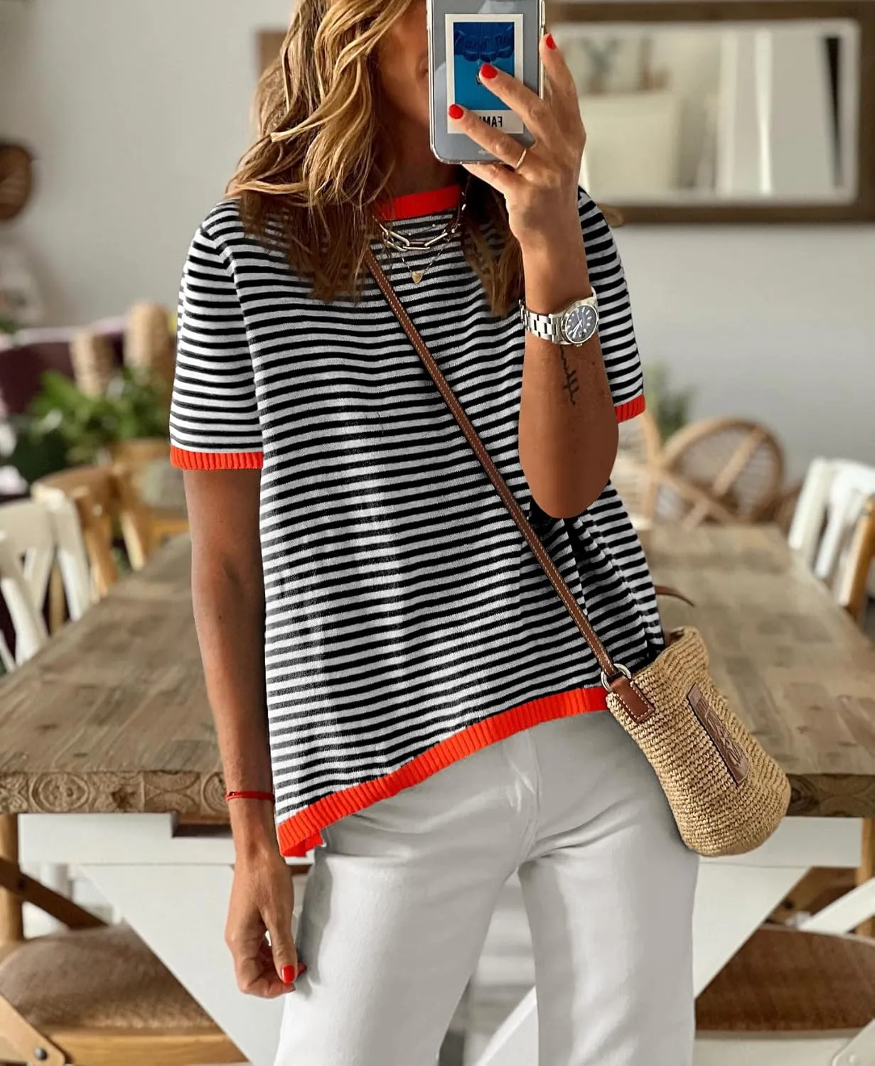 Womens Sweaters Casual Crewneck Short Sleeve Striped Color Block Knitted Cotton Trendy Pullover Sweater Tops