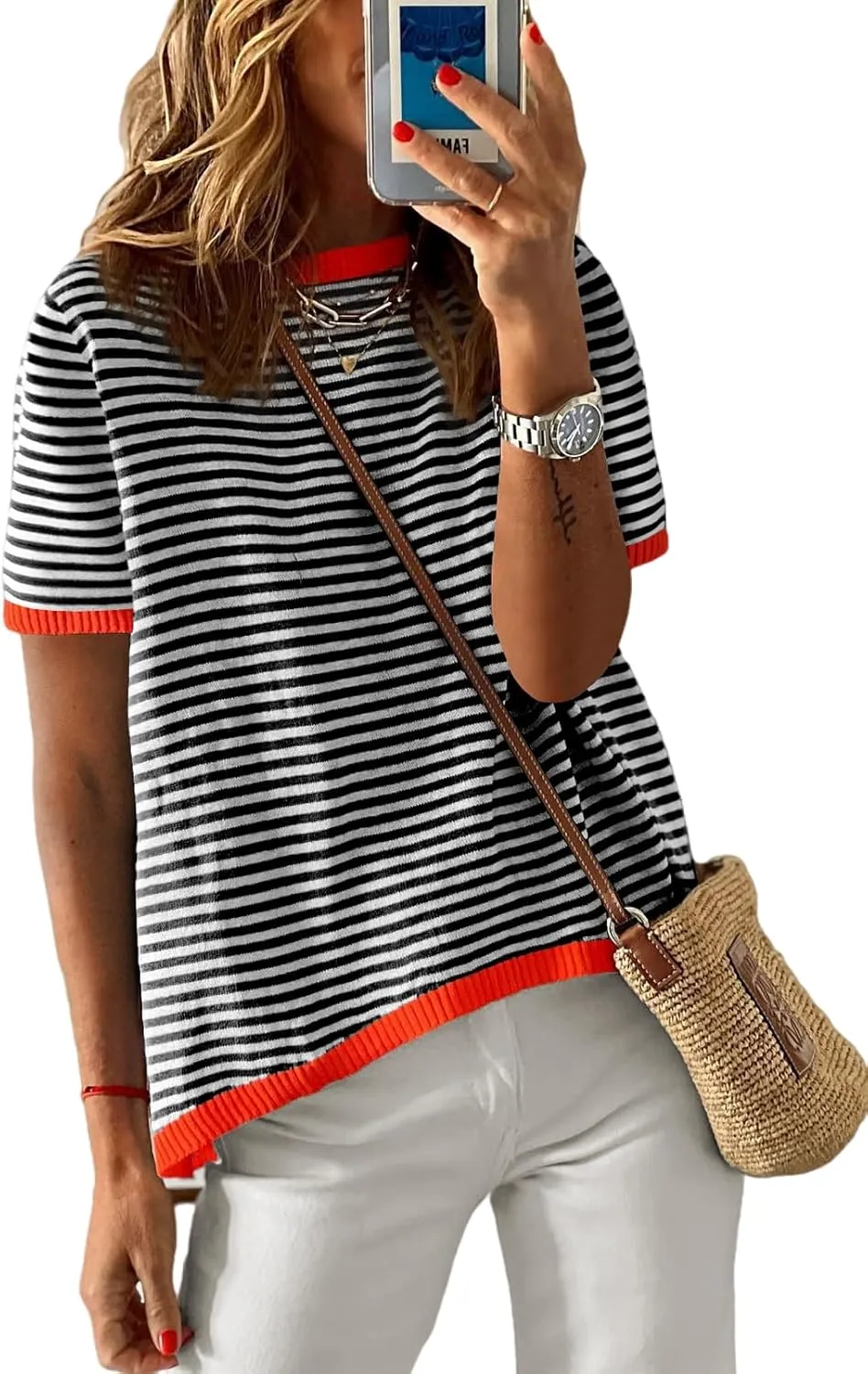 Womens Sweaters Casual Crewneck Short Sleeve Striped Color Block Knitted Cotton Trendy Pullover Sweater Tops