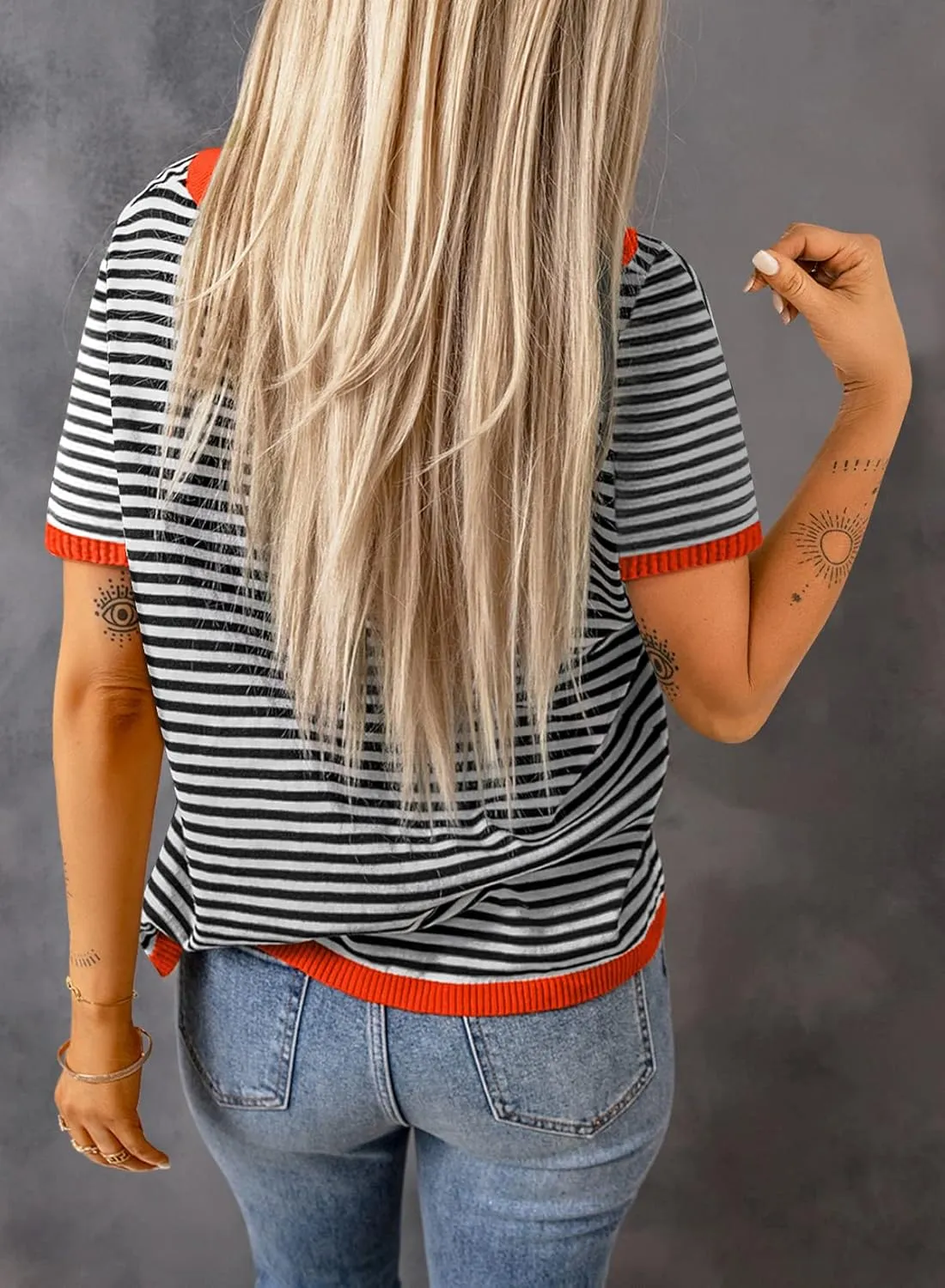 Womens Sweaters Casual Crewneck Short Sleeve Striped Color Block Knitted Cotton Trendy Pullover Sweater Tops