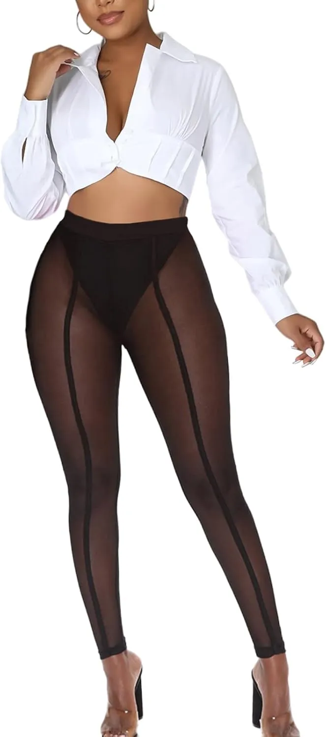Women's Tie Dye Mesh Legging - High Waist Sheer Pantihose Long Pants Stretchy Tights Clubwear Closed Toe
