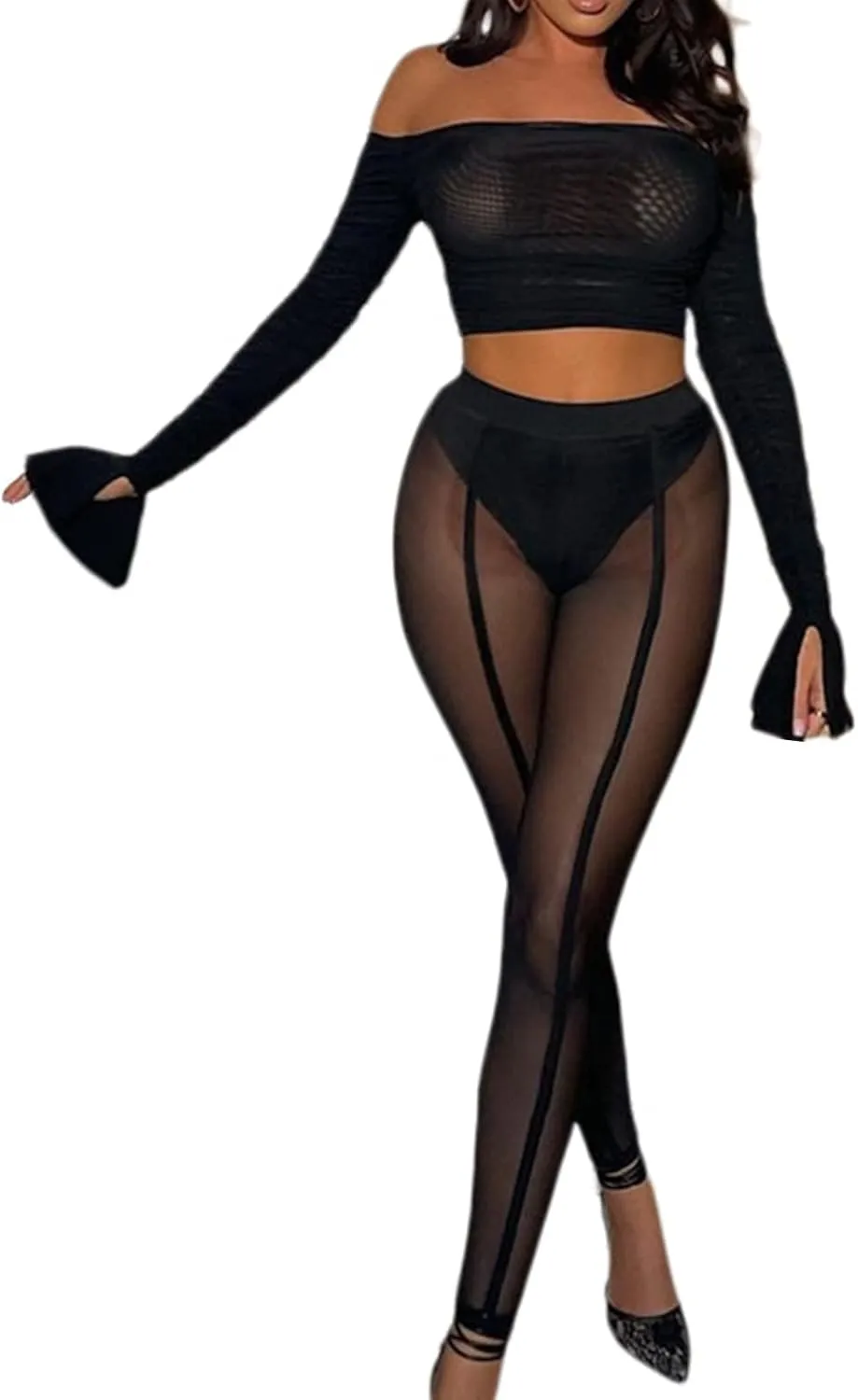 Women's Tie Dye Mesh Legging - High Waist Sheer Pantihose Long Pants Stretchy Tights Clubwear Closed Toe