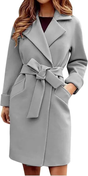 Women's Trench Coat Notch Lapel Thick Fall Winter Wrap Slim Fit Solid Wool Pea Coats Jacket with Belt (S-2XL)