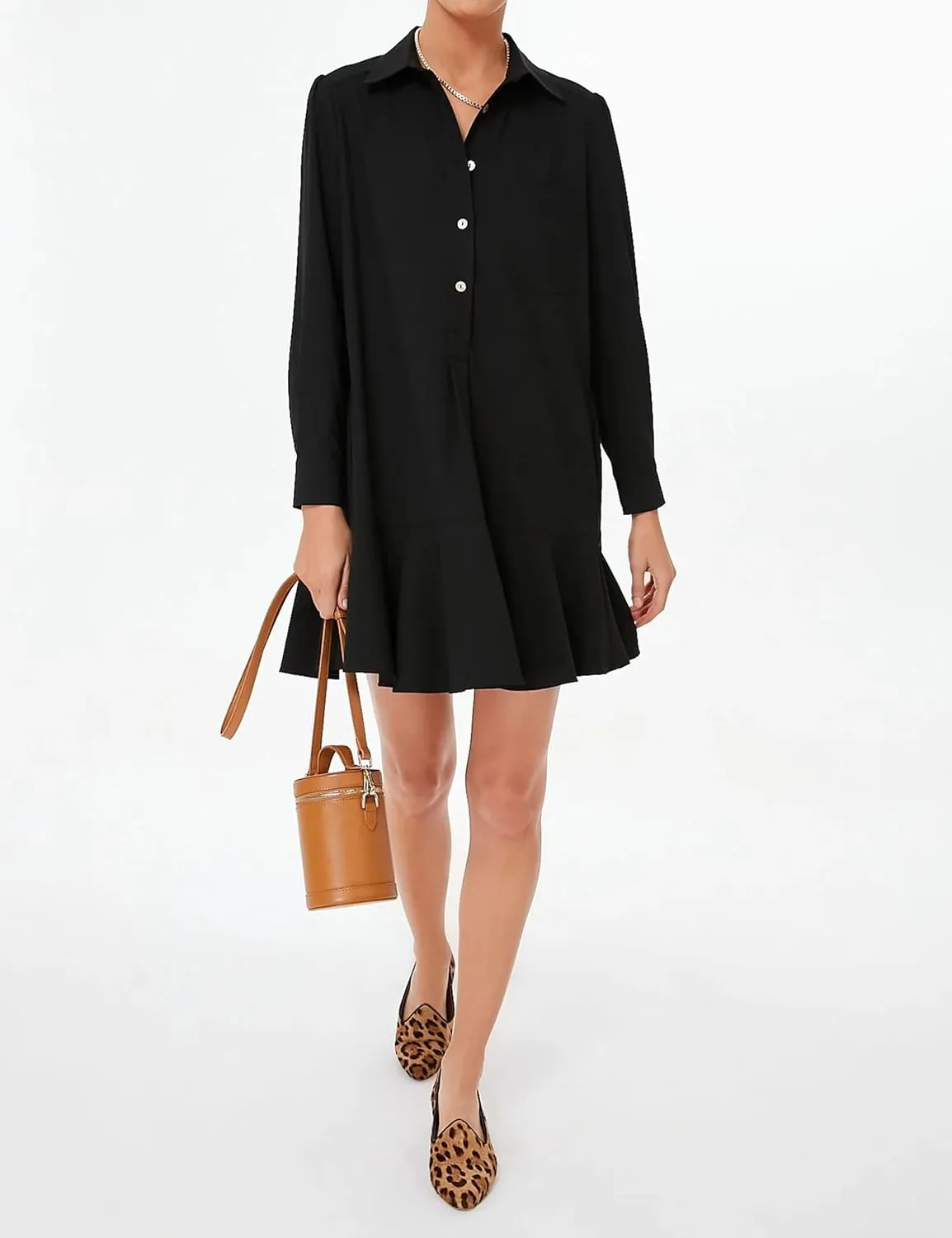 Women's Tunic Shirt Mini Dress Long Sleeve Cotton Drop Waist Collar Short Dress Button Up Ruffle Hem Shift Dresses