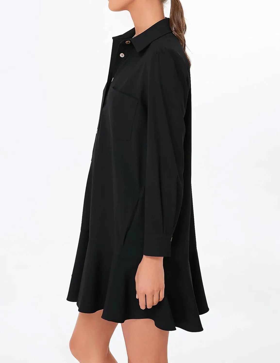Women's Tunic Shirt Mini Dress Long Sleeve Cotton Drop Waist Collar Short Dress Button Up Ruffle Hem Shift Dresses