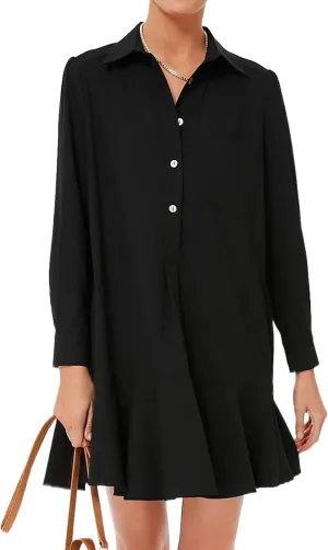 Women's Tunic Shirt Mini Dress Long Sleeve Cotton Drop Waist Collar Short Dress Button Up Ruffle Hem Shift Dresses