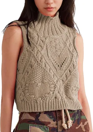Womens Turtleneck Sweater Vest Crochet Cable Knit Sleeveless Vest Tops Casual Summer Boho Chunky Tank Pullover