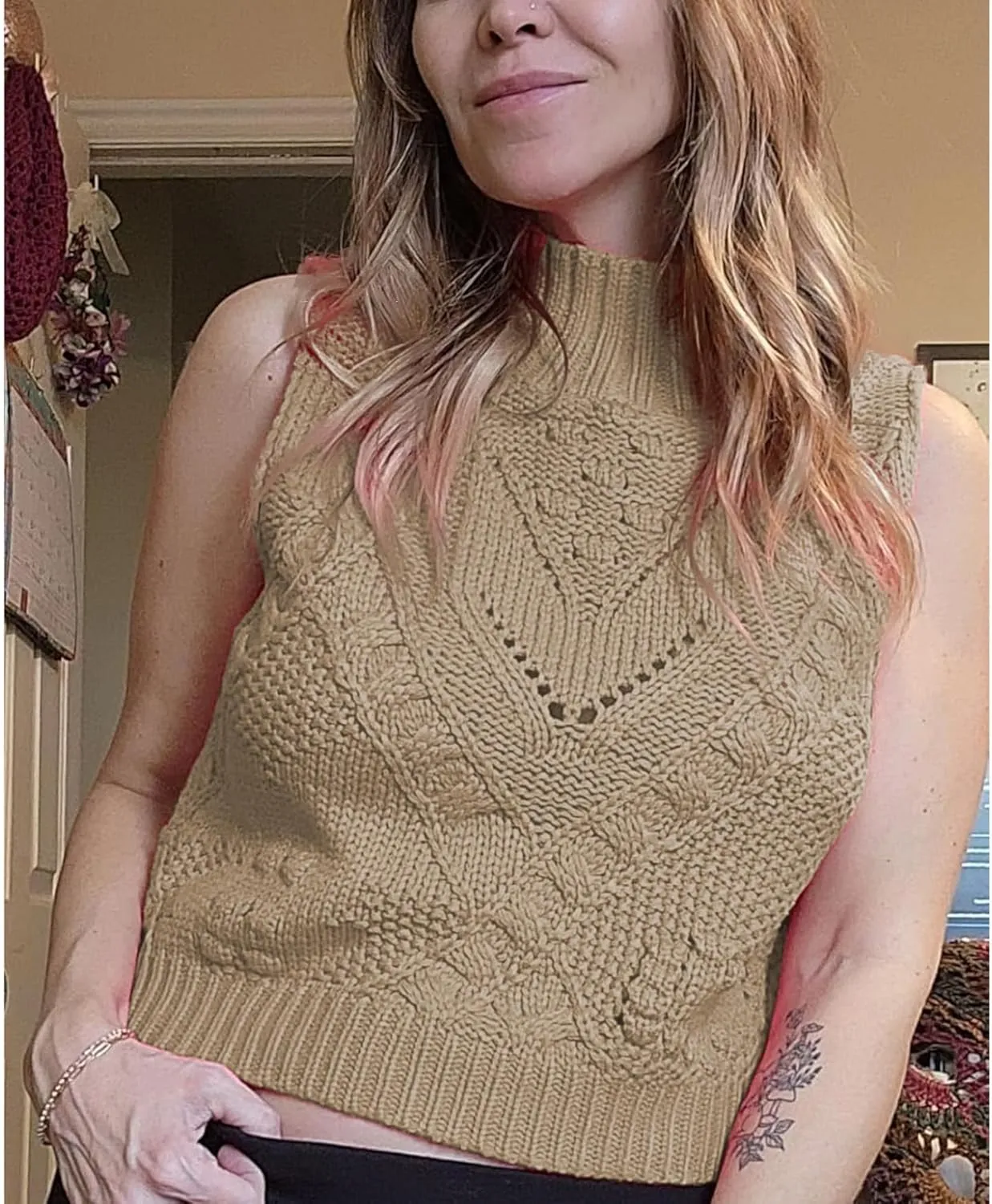 Womens Turtleneck Sweater Vest Crochet Cable Knit Sleeveless Vest Tops Casual Summer Boho Chunky Tank Pullover