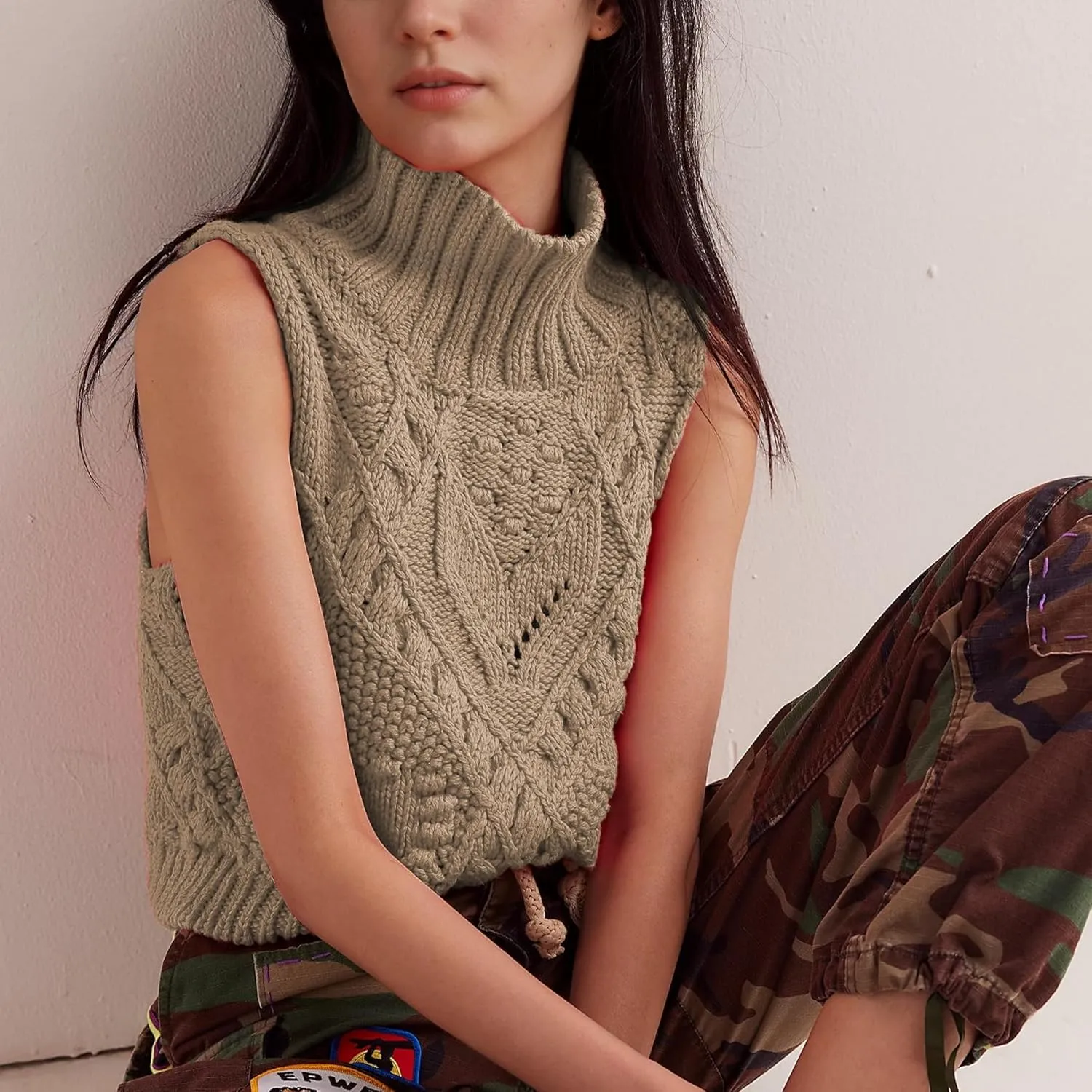 Womens Turtleneck Sweater Vest Crochet Cable Knit Sleeveless Vest Tops Casual Summer Boho Chunky Tank Pullover