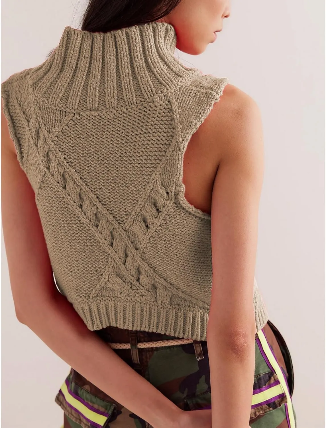 Womens Turtleneck Sweater Vest Crochet Cable Knit Sleeveless Vest Tops Casual Summer Boho Chunky Tank Pullover
