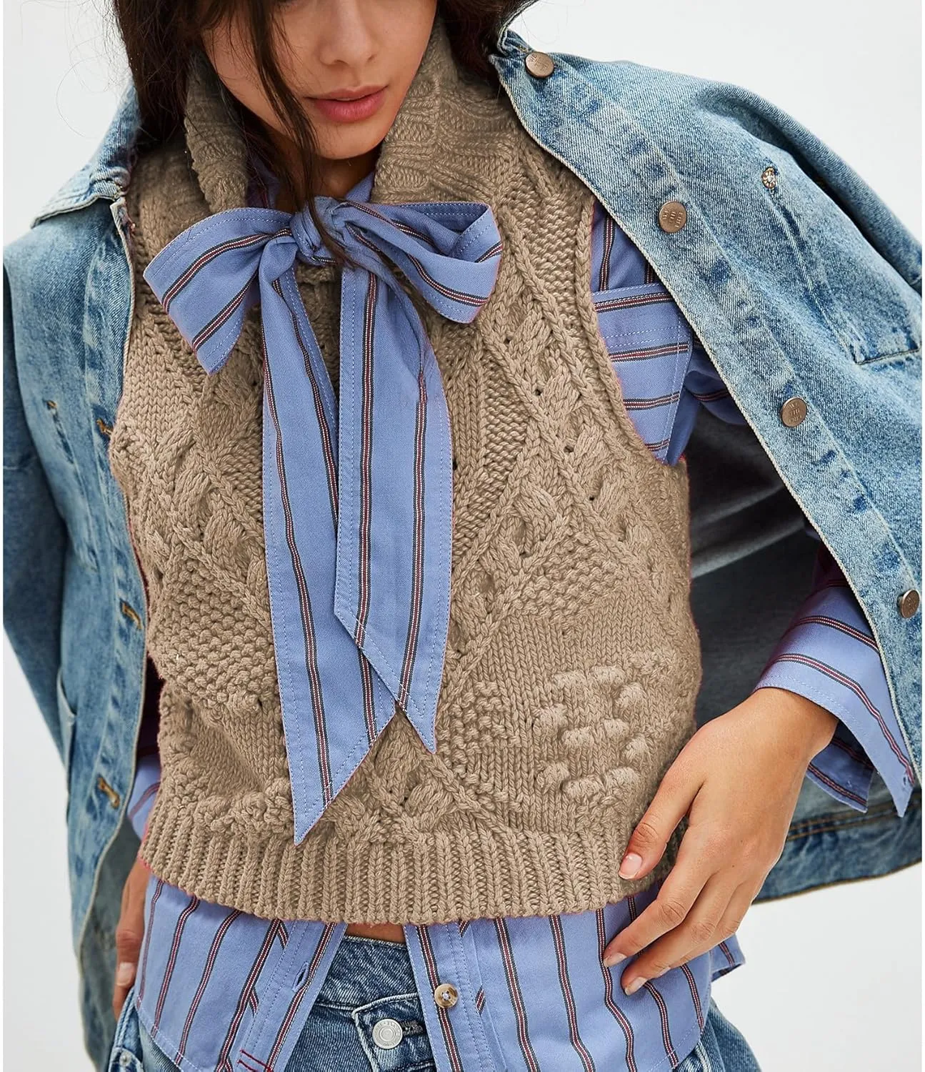 Womens Turtleneck Sweater Vest Crochet Cable Knit Sleeveless Vest Tops Casual Summer Boho Chunky Tank Pullover