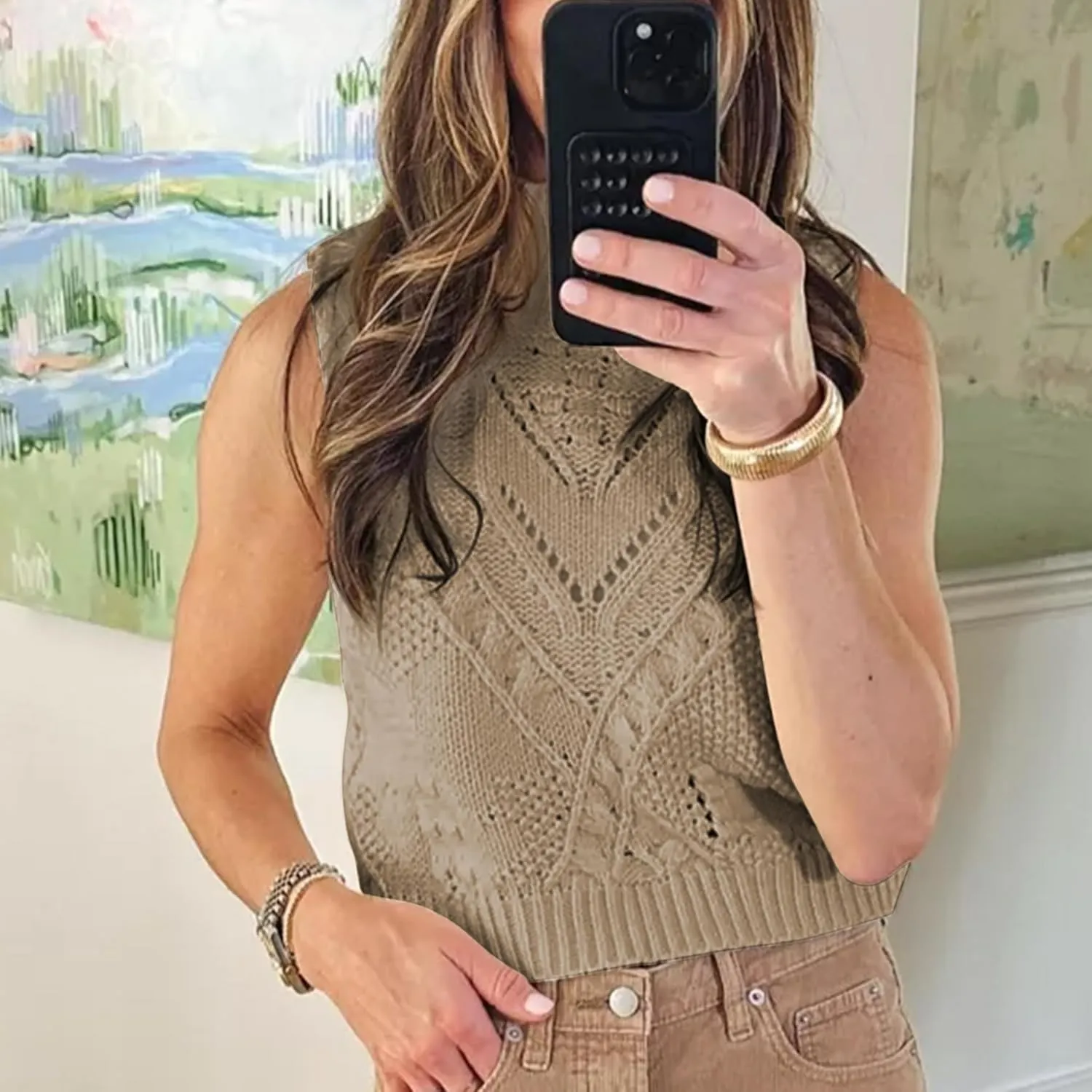 Womens Turtleneck Sweater Vest Crochet Cable Knit Sleeveless Vest Tops Casual Summer Boho Chunky Tank Pullover