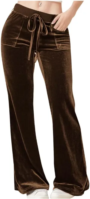 Womens Velvet Pants Low Rise Flare Pants Velour Bell Bottoms Vintage Palazzo Pants with Pockets Trendy Streetwear