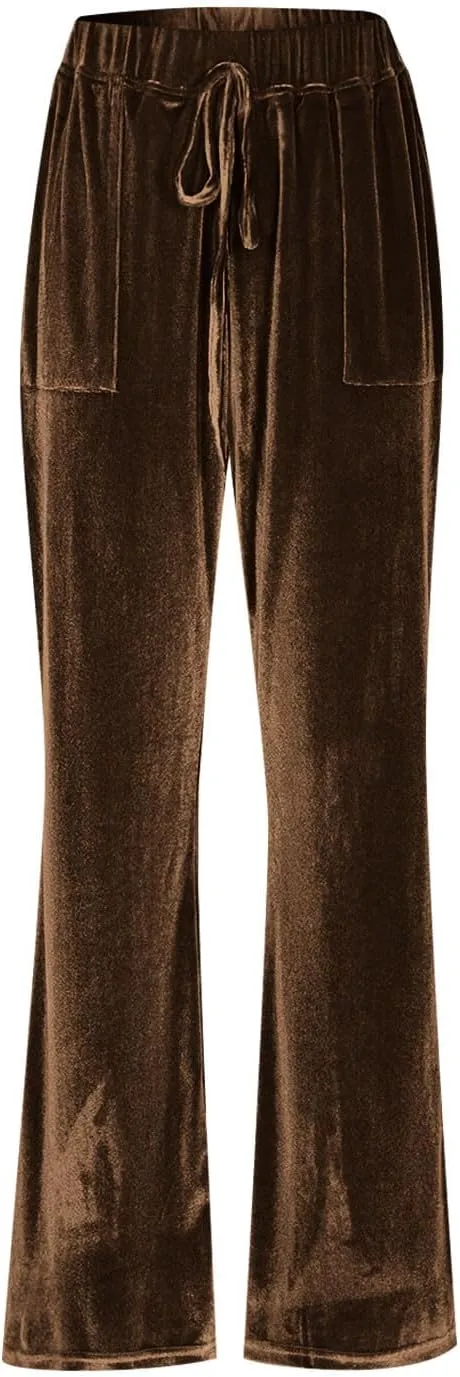 Womens Velvet Pants Low Rise Flare Pants Velour Bell Bottoms Vintage Palazzo Pants with Pockets Trendy Streetwear