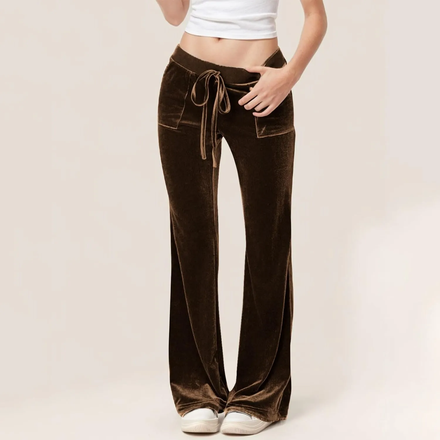 Womens Velvet Pants Low Rise Flare Pants Velour Bell Bottoms Vintage Palazzo Pants with Pockets Trendy Streetwear